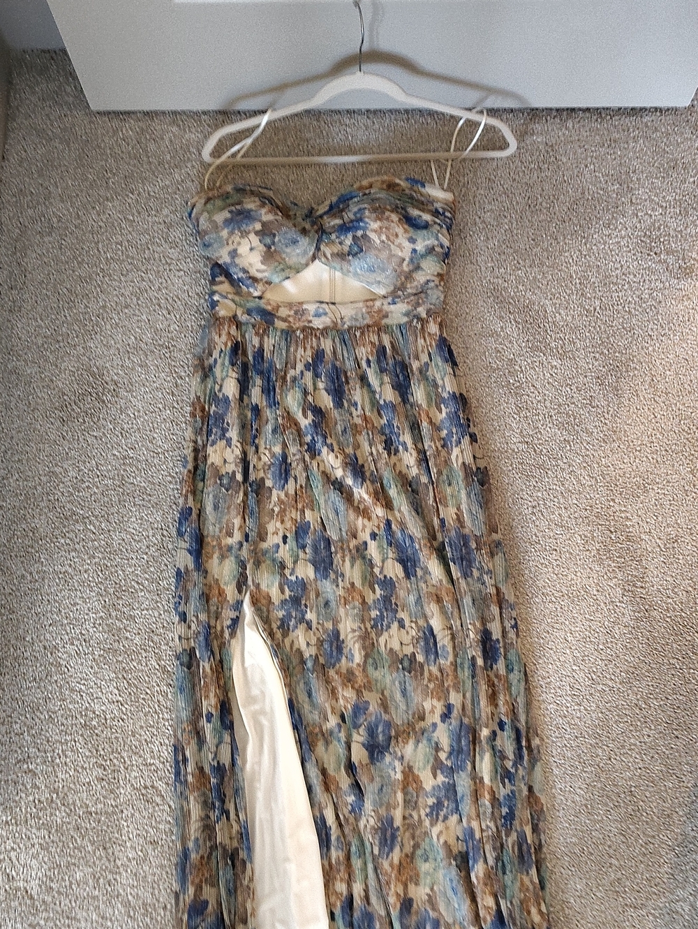 Dress The Population Strapless Blue and Tan Floral Maxi Dress